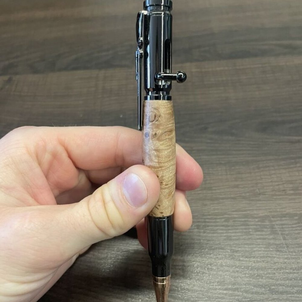 maple wood and metal bolt action rifle clip ballpoint black bullet barrel pen
